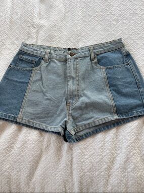 Nasty Gal Two-Tone Light and Dark Blue Denim Shorts